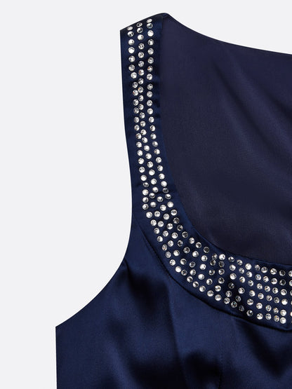 Purplish Blue Hotfix Embellished Bow Satin Square Neck Sleeveless Sheath Midi Dress