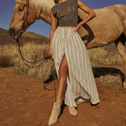 Western Spring Outfits Cotton Blend Floral Stripe Maxi Skirt With Button Front And High Slit For Boho Style