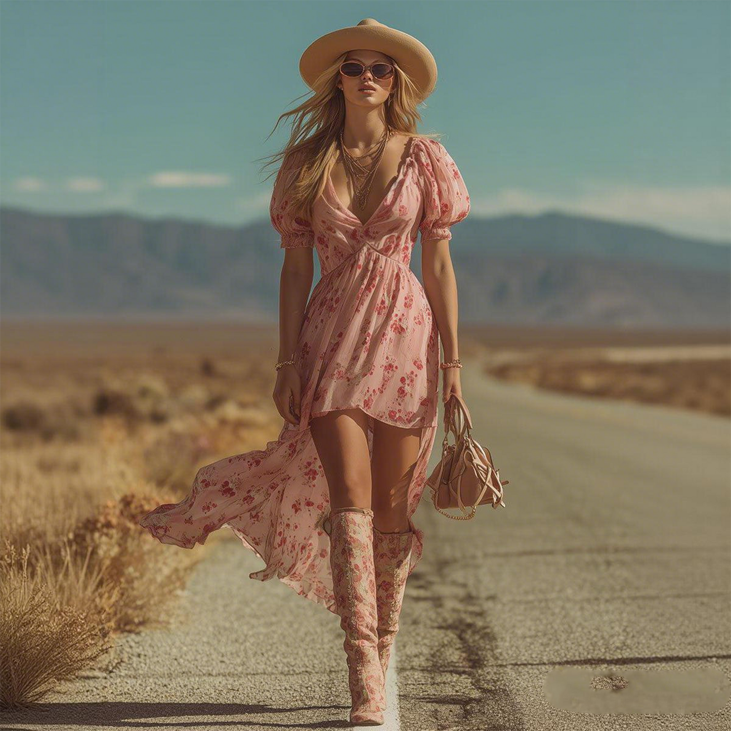 Floral Print Chiffon Summer Dress With Puff Sleeves And V-Neckline For Women
