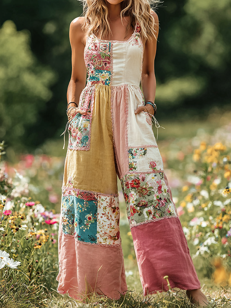 Women's Vintage Floral Patch Art Print Comfy Jumpsuit 4355