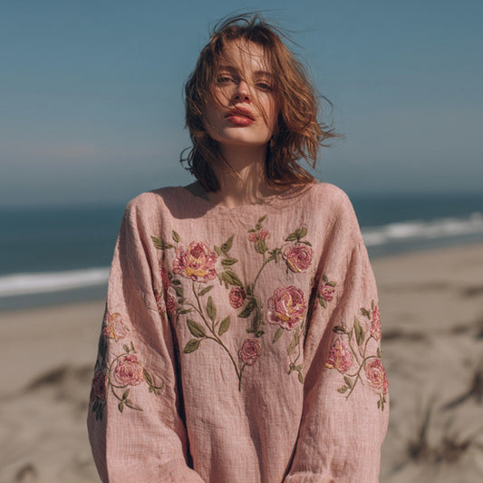 Women's Bohemian Rose Embroidered Round Neck Comfortable Linen Top