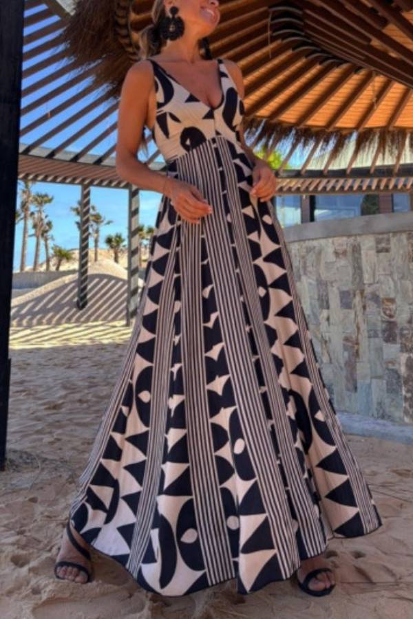 Geometric Print Deep V-Neck Strappy Maxi Dress