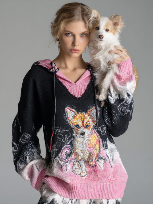 Women's Vintage Dog Embroidered Hooded Sweater