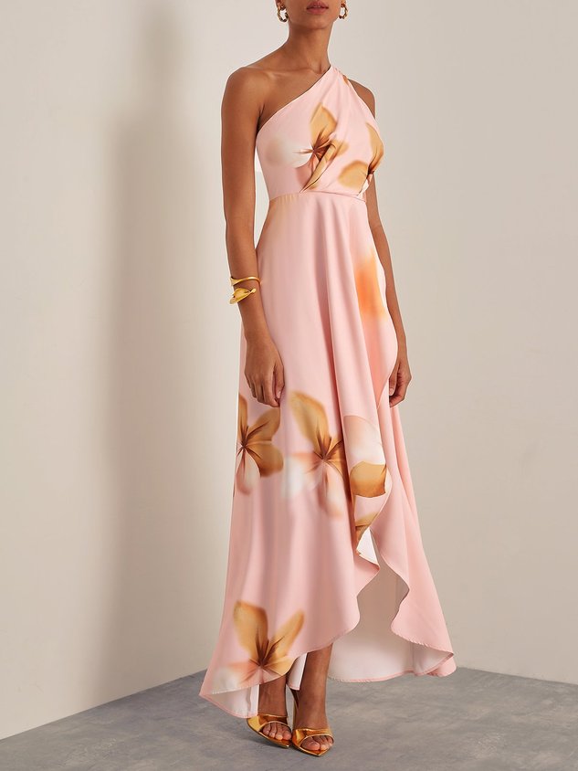 Pink Floral One-Shoulder Slit A-Line Gown