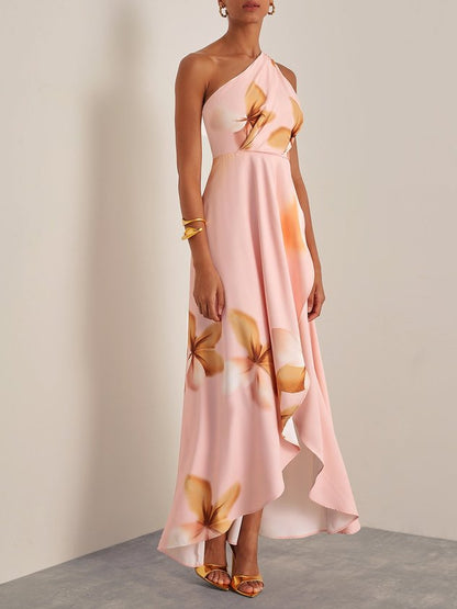 Light Blue Asymmetric Floral Classic One Shoulder Sleeveless A-Line Maxi Dress