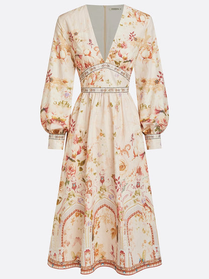 Apricot Floral Ruched Classic V Neck Long Sleeve Puff Sleeve A-Line Midi Dress