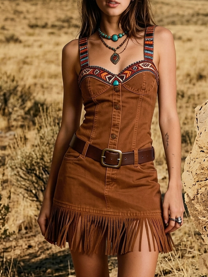 Faux Suede Fringe Dress With Embroidered Strap And Button Front Design
