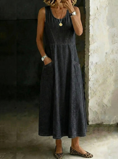 Women's Retro Round Neck Sleeveless Casual Loose Denim Vest Dress