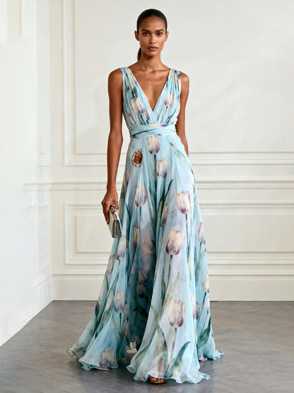Light Blue Floral Chiffon V Neck Sleeveless A-Line Floor-length Gown Dress