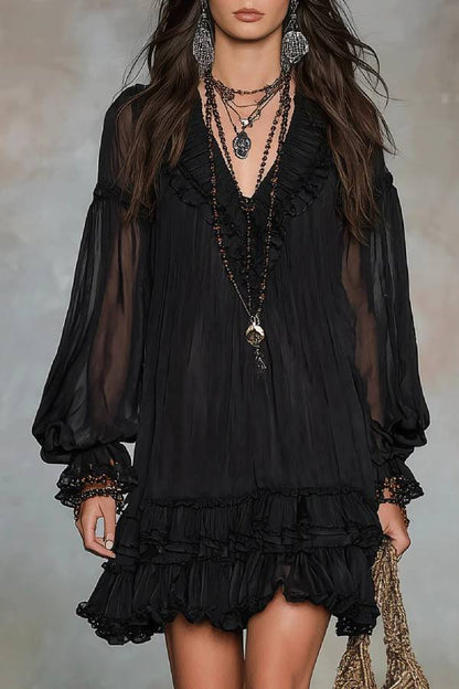 Black V-neck Lantern Sleeve Ruffled Chiffon Mini Dress