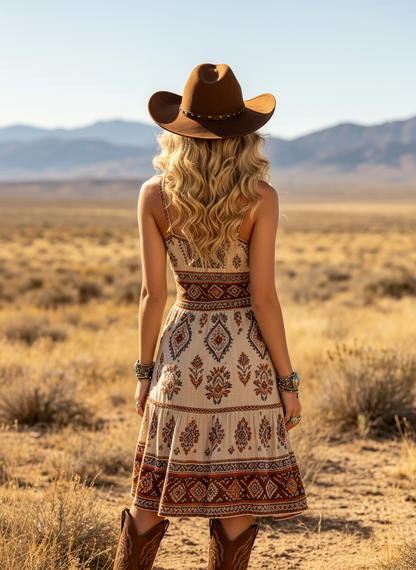 Women's Western Cowboy Cotton Bohemian Print Midi Dress