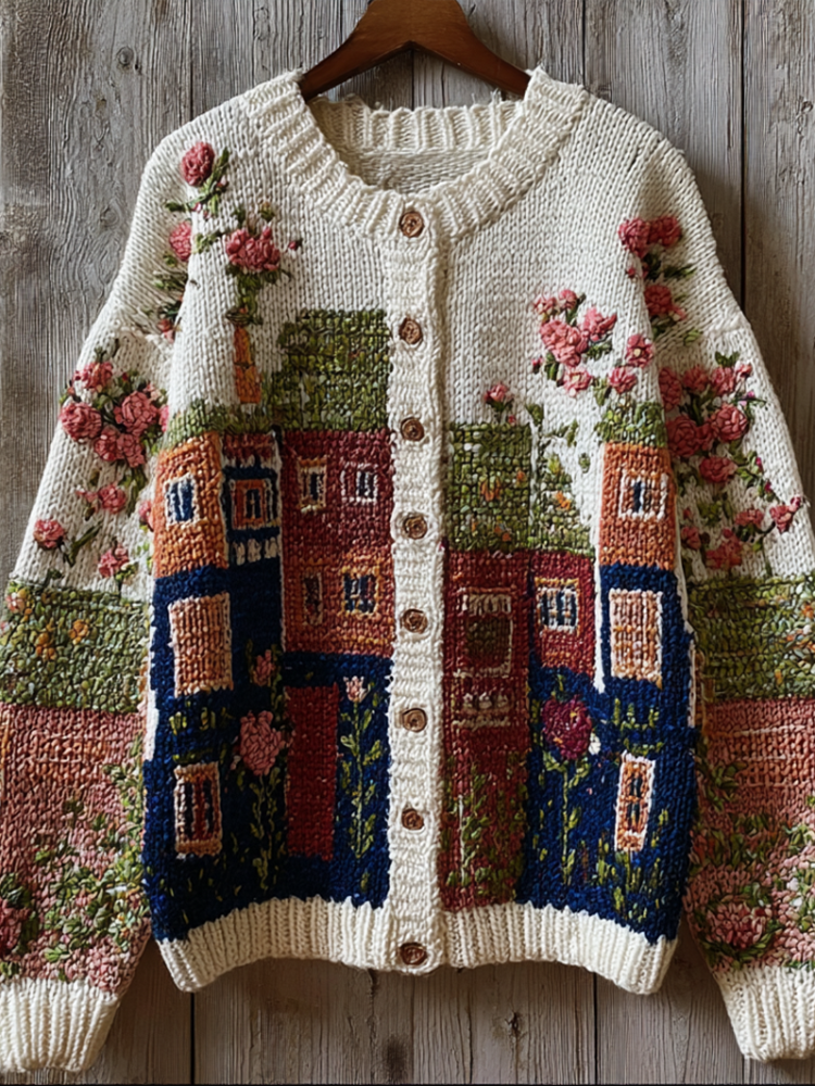 Bohemian Style Garden Pattern Design Women's Knitted Sweater Coat