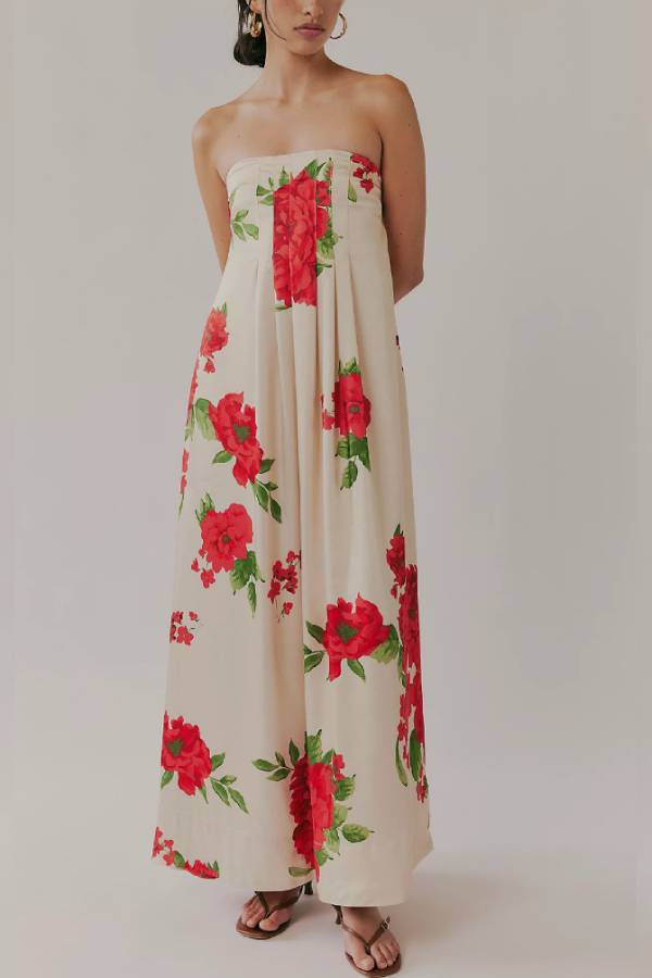Multi-Color Floral Print Strapless/Spaghetti Strap Draped Maxi Dress