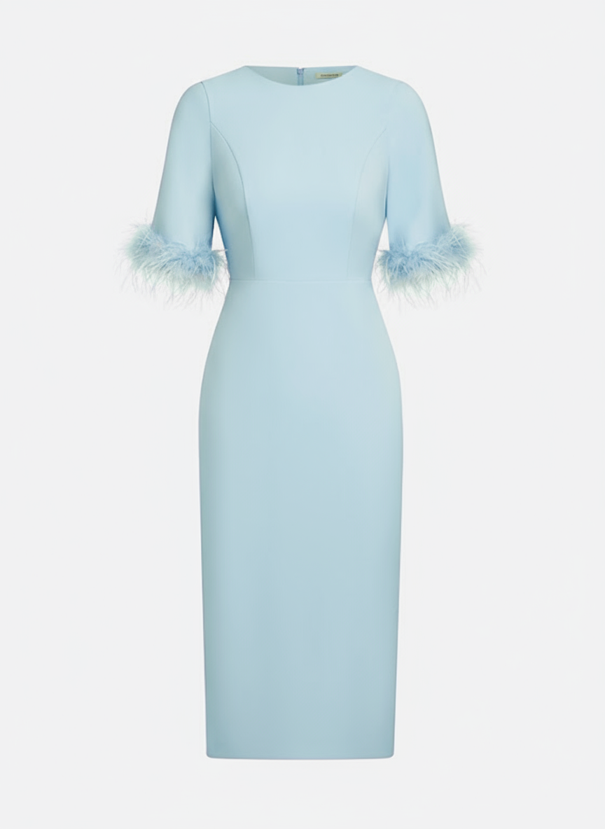 Light Blue Faux Feather Classic Crew Neck Half Sleeve Sheath Midi Dress