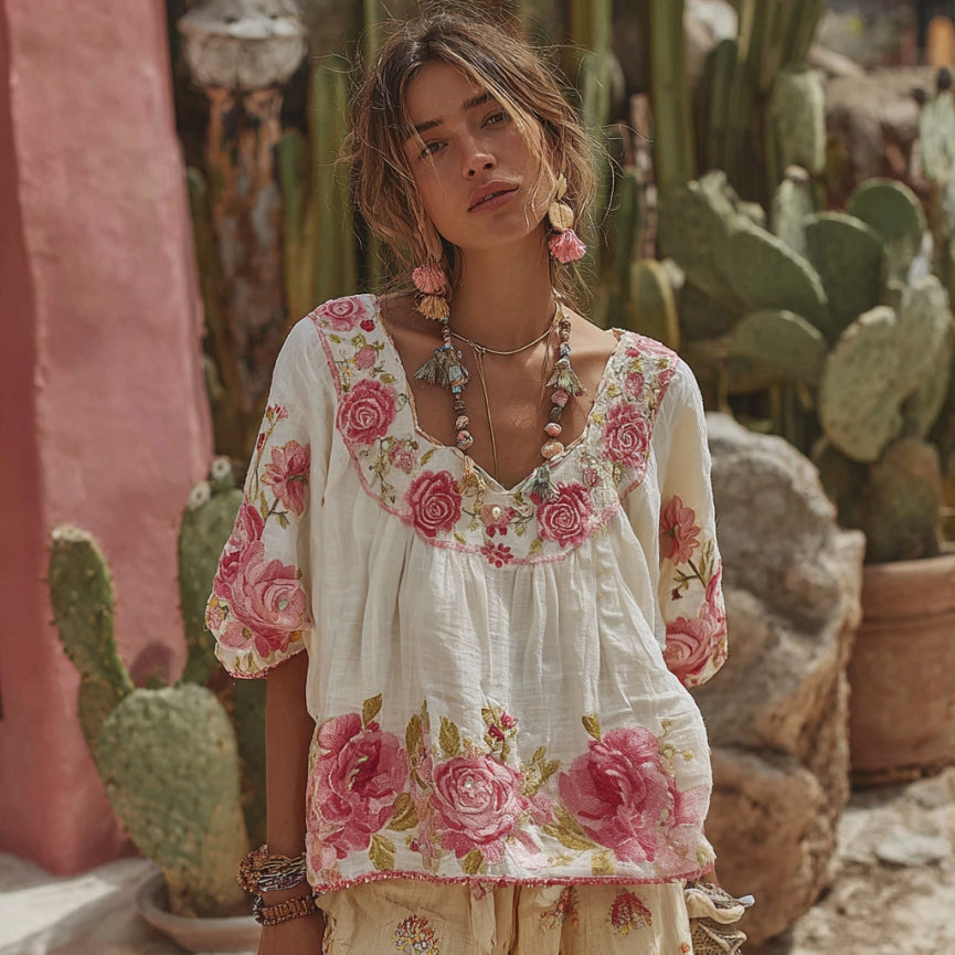 Women's Vintage Floral Art Embroidery Linen T-shirt c29a