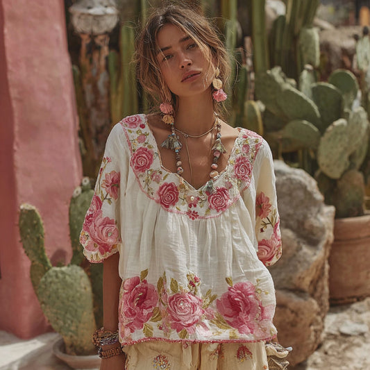 Women's Vintage Floral Art Embroidery Linen T-shirt c29a