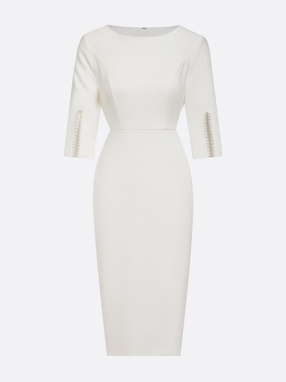 White Faux Pearl Classic Crew Neck Half Sleeve Sheath Midi Dress