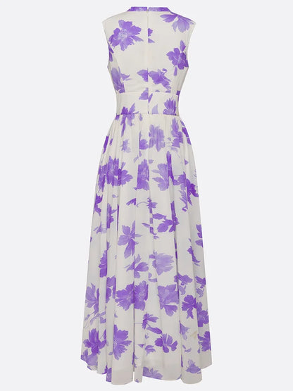 Lavender Purple Floral Chiffon V Neck Sleeveless A-Line Maxi Dress