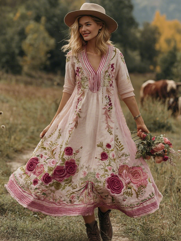 Classy Gradient Pink Roses And Striped  Embroidered Linen Maxi Dress 67f2