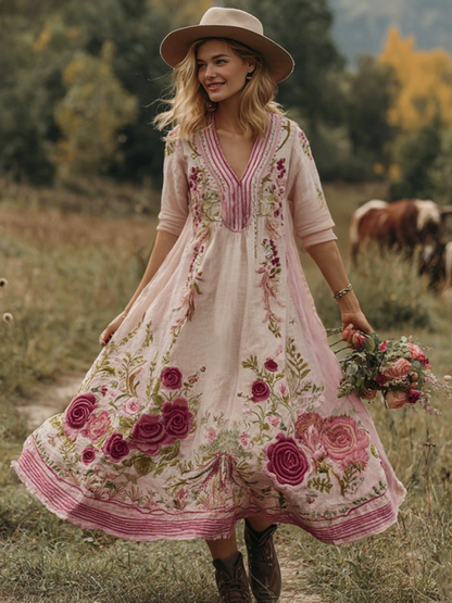 Classy Gradient Pink Roses And Striped  Embroidered Linen Maxi Dress 67f2