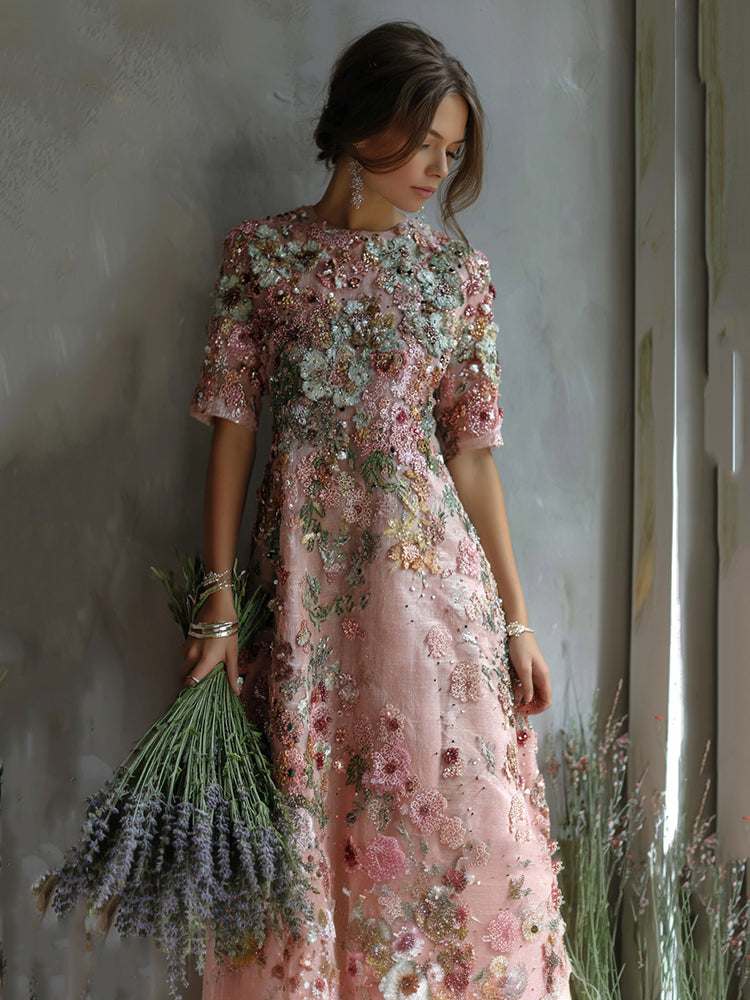 Health Conscious Art Oil Painting Floral Sequin Maxi Dress