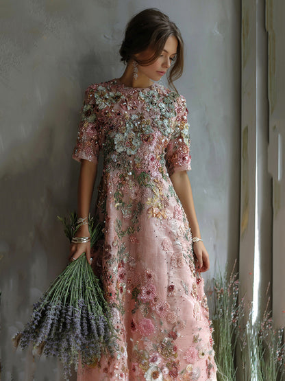 Health Conscious Art Oil Painting Floral Sequin Maxi Dress