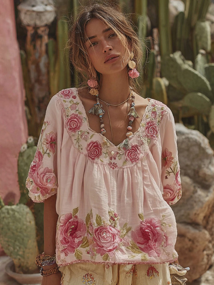 Women's Vintage Floral Art Embroidery Linen T-shirt c29a