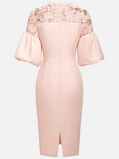 Pink Lace Classic Crew Neck Short Sleeve Balloon Sleeve Sheath Midi Dress