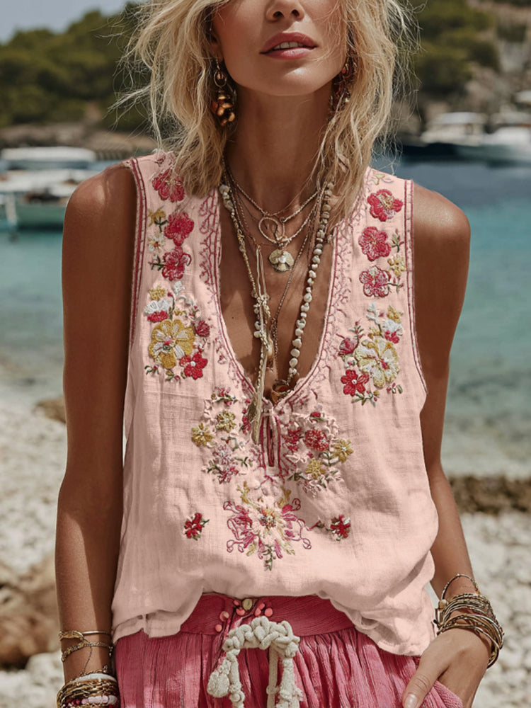 Women's Vintage Floral Embroidery Casual Sleeveless Top 50de