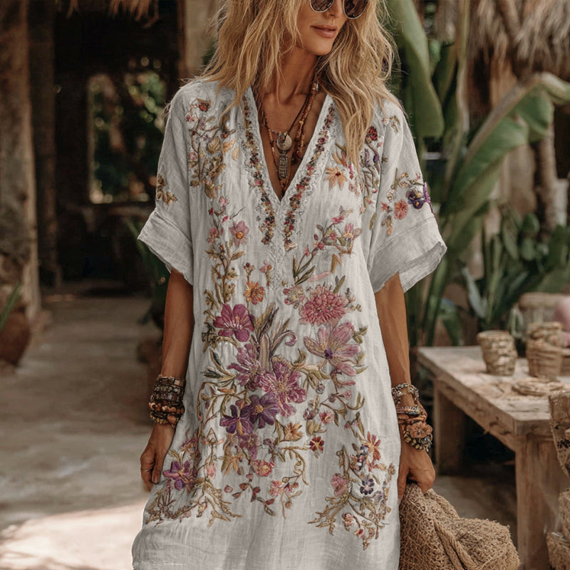 Women's Floral Embroidery Art V Neck Comfy Midi Dress 8ed0