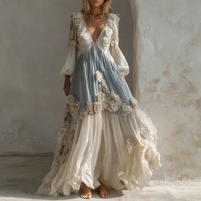 Women's Vintage White Rose Pattern Linen Long Sleeve Dress