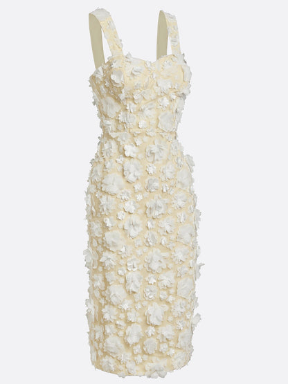 White 3D Floral Classic Square Neck Sleeveless Sheath Midi Dress