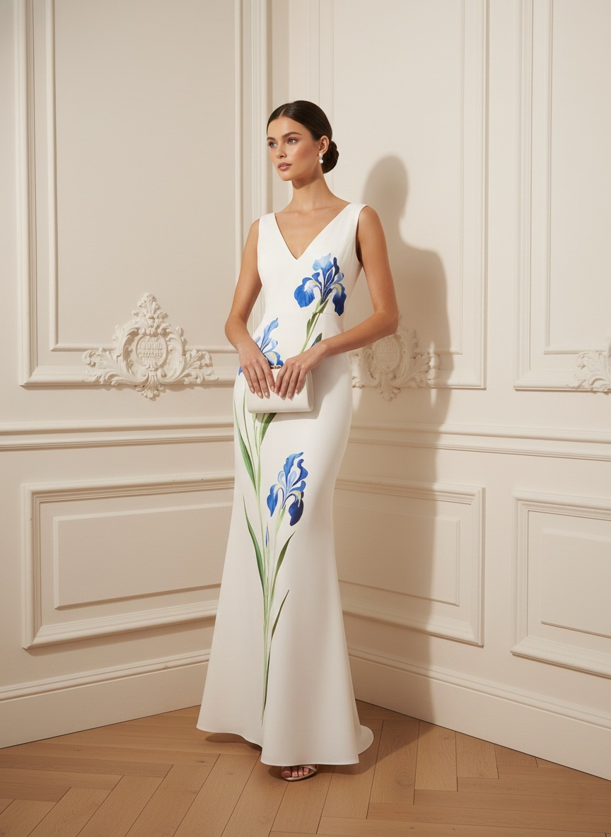White Floral Classic V Neck Sleeveless A-Line Gown Dress