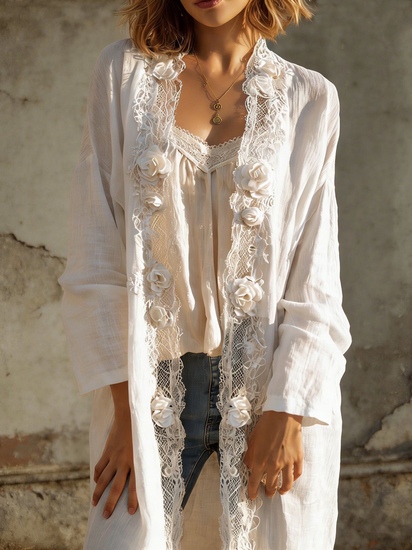 Women's Vintage Bohemian Floral Lace Art Casual Linen Blend Long Cardigan
