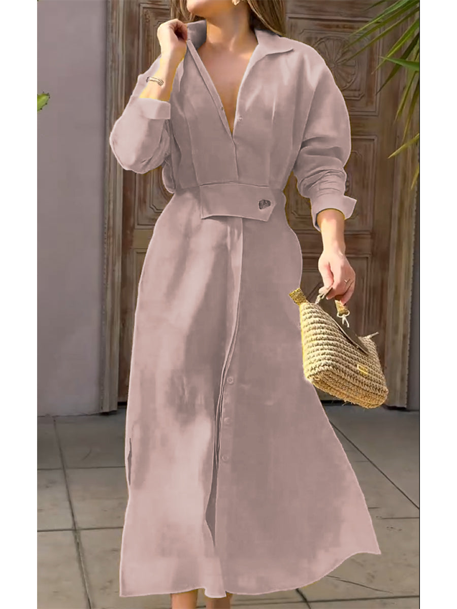 Women's Waisted Linen Cotton Long Sleeve Dress