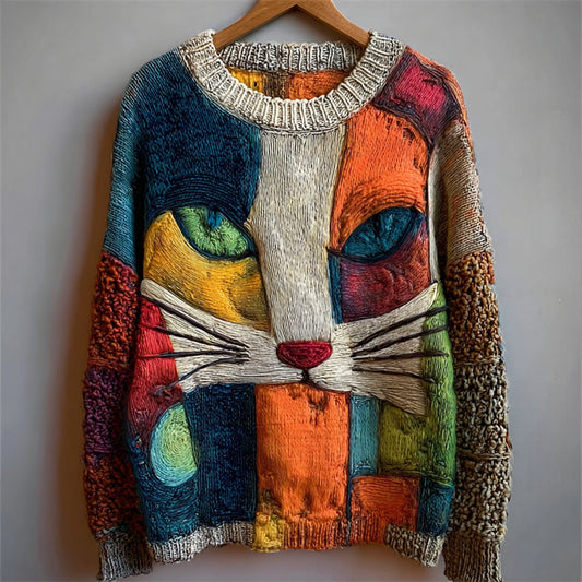 Vintage Cat Face Colorblock Art Cozy Knit Sweater