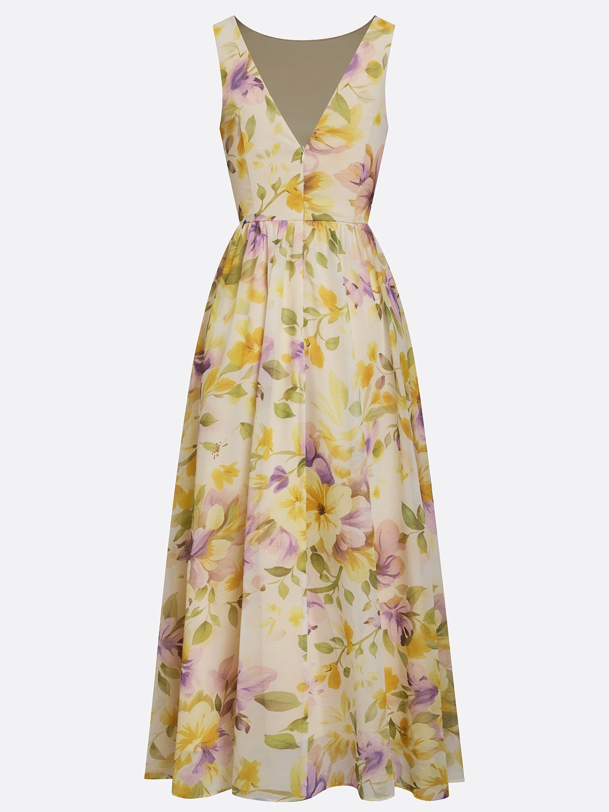 Yellow Floral Ruched Chiffon Boat Neck Sleeveless A-Line Maxi Dress