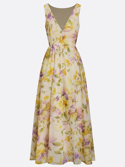 Yellow Floral Ruched Chiffon Boat Neck Sleeveless A-Line Maxi Dress