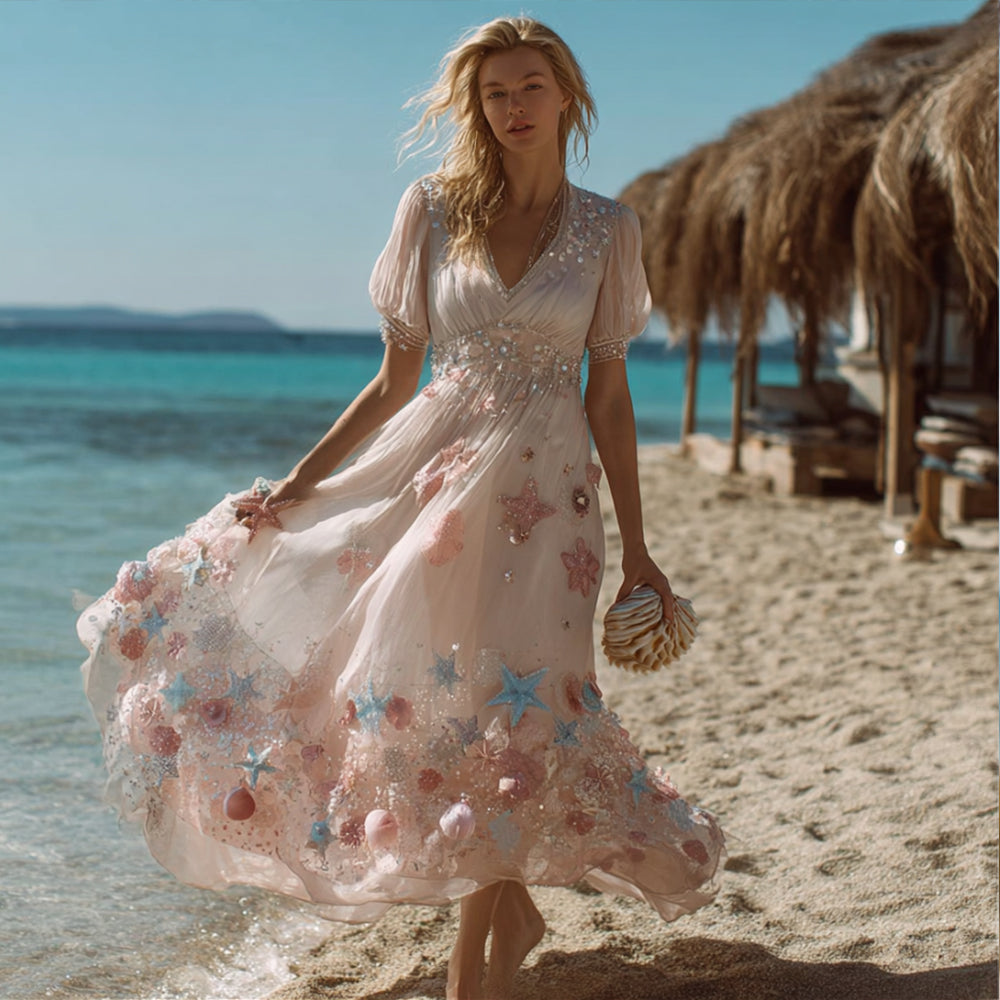Bohemian Dreamy Ocean V-neck Short Sleeve Dress