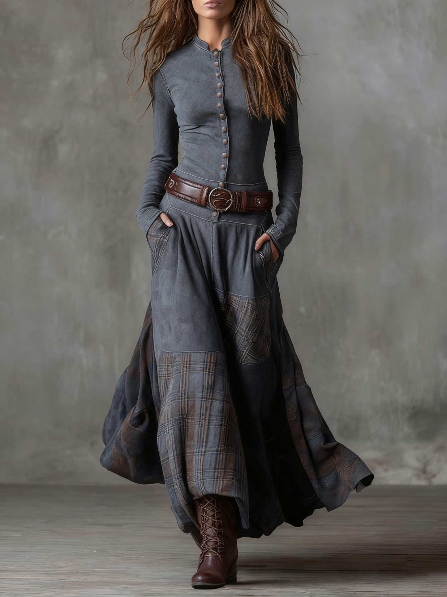 Navy Plaid Paneled Vintage Suede Maxi Dress