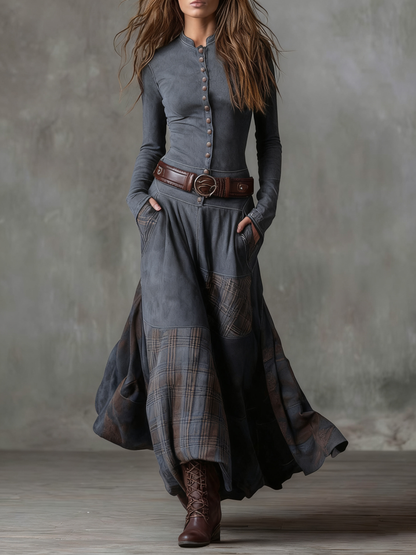 Navy Plaid Paneled Vintage Suede Maxi Dress