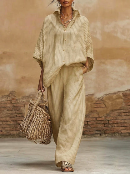Elegant Classic Striped Shirt And Wide-leg Pants Two-piece Set