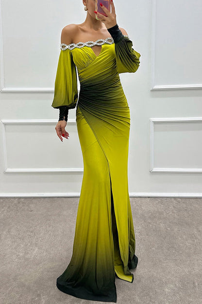 Gradient Print Boat Neck Off Shoulder Gem Detail Slit Gown Maxi Dress