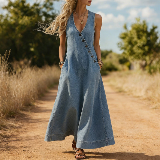 Coachella Outfit Retro-style Sleeveless V-neck Diagonally Buttoned Blue Denim Maxi Dress