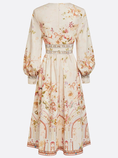 Apricot Floral Ruched Classic V Neck Long Sleeve Puff Sleeve A-Line Midi Dress