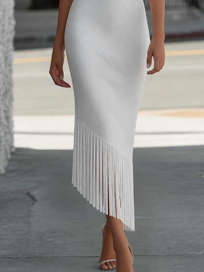 Draped Cowl Neck Knit Maxi Dress With Fringe Hem