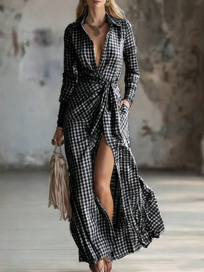 Women's Small Check Multi-color Linen-cotton Blend Long Dress