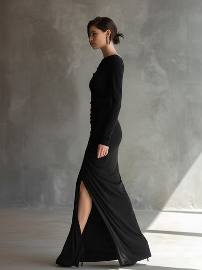 Women's Black Elegant Jersey Off - Shoulder Ruched Slit Maxi Dress MDA2125H9I