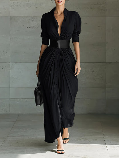 Ladies Lapel Long Sleeve Single Breasted Belt Maxi Dress