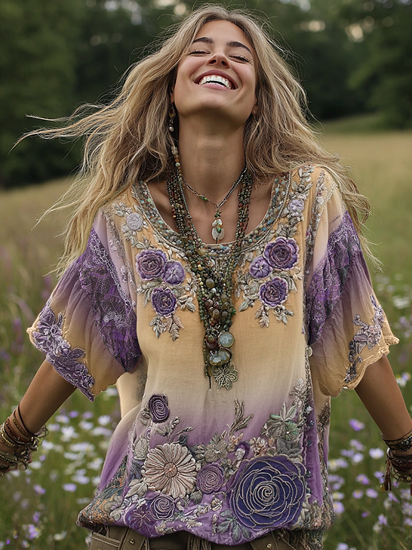Classy Gradient Purple Lavender And Floral Embroidered Linen Short Sleeve T-shirt 2a25